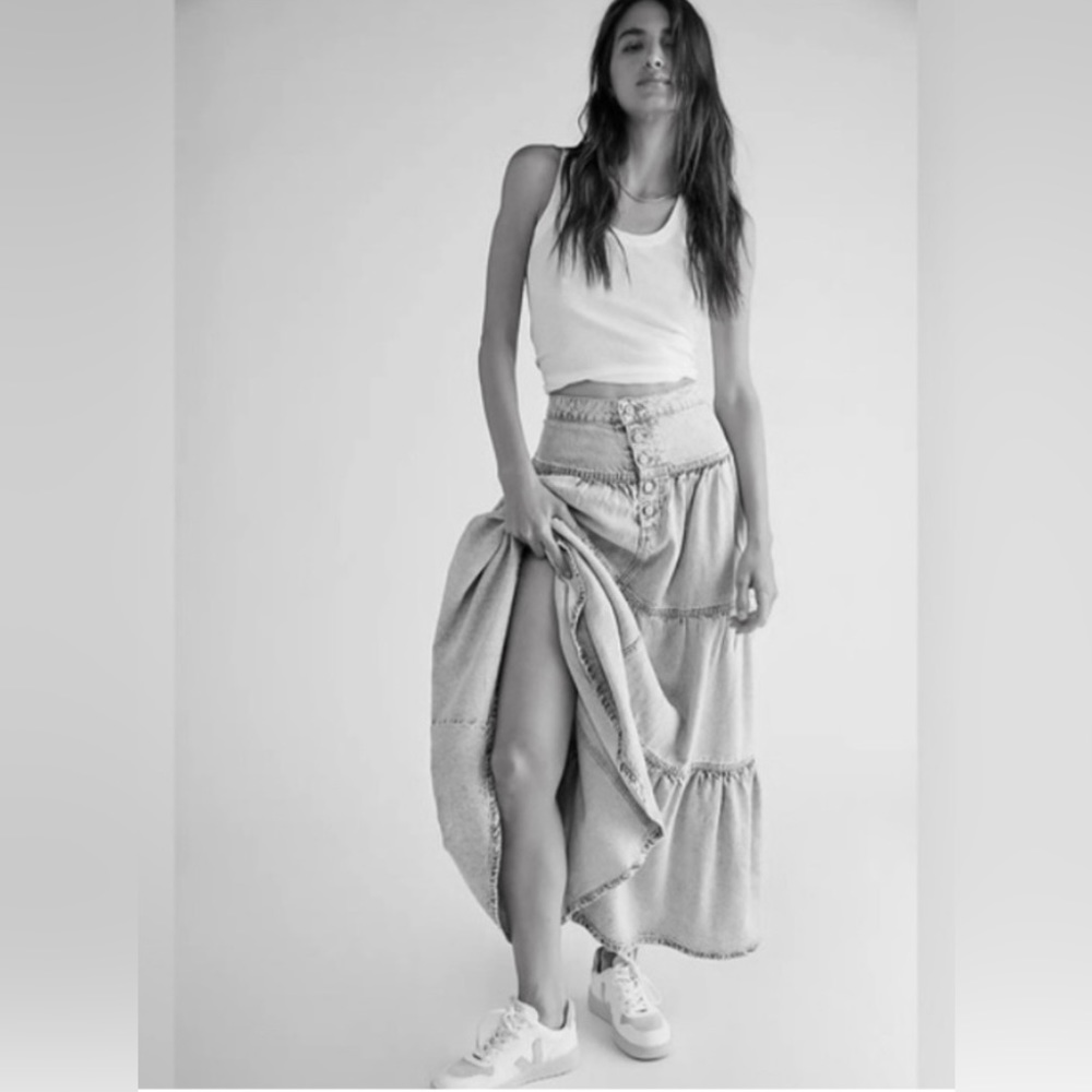 Free People Dreamweaver Denim Maxi Skirt In Firecracker Orange | We The Free - Picture 5 of 14